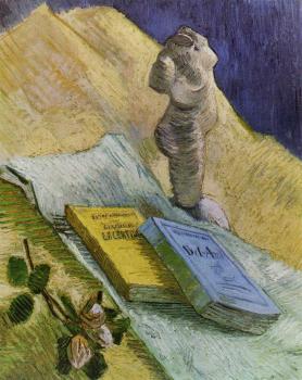 文森特 威廉 梵高 靜物畫有石膏雕像，一朵玫瑰和兩本小說